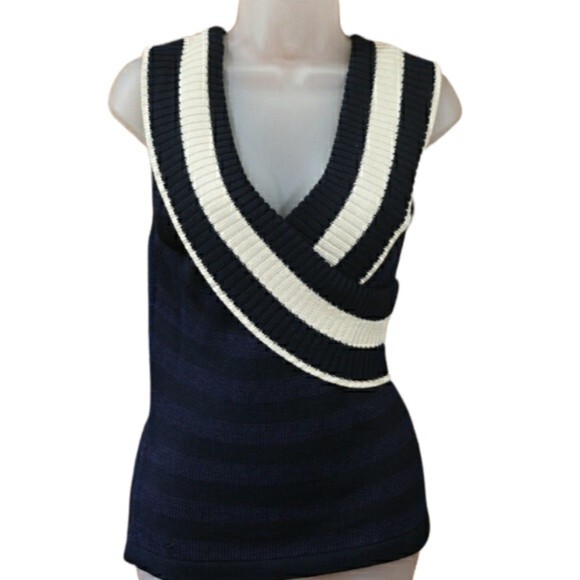 Anne Klein Navy Blue Striped Knit Sleeveless Silk Top Medium - Picture 1 of 9
